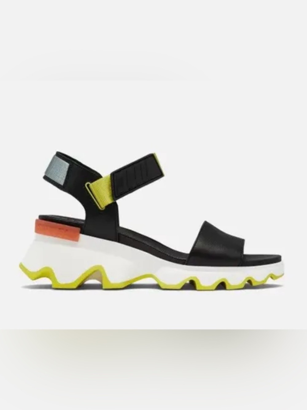 Sorel Kinetic Black Sandal with Yellow Accent and White Platform